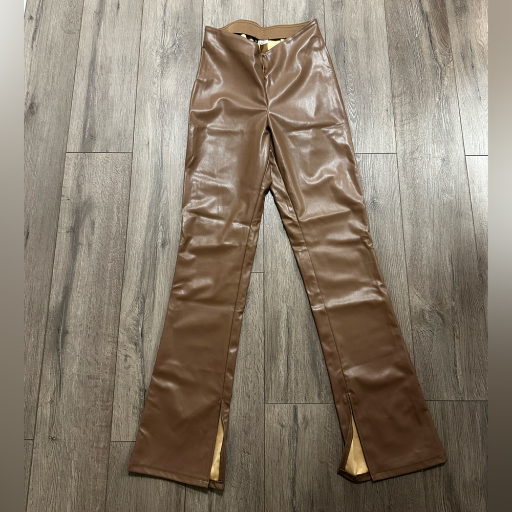 H&M DIVIDED Women's Vegan Leather Pants Light Brown Sz 6 Split Bttm Legs
